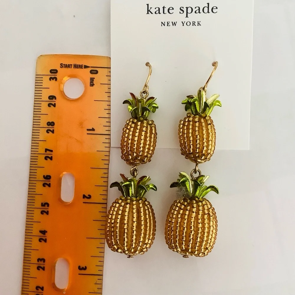 Kate Spade Pineapple Double Drop Gold and Green Tropical Earrings - Picture 3 of 4